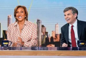 Robin Roberts and George Stephanopoulos at the Good Morning America anchor desk