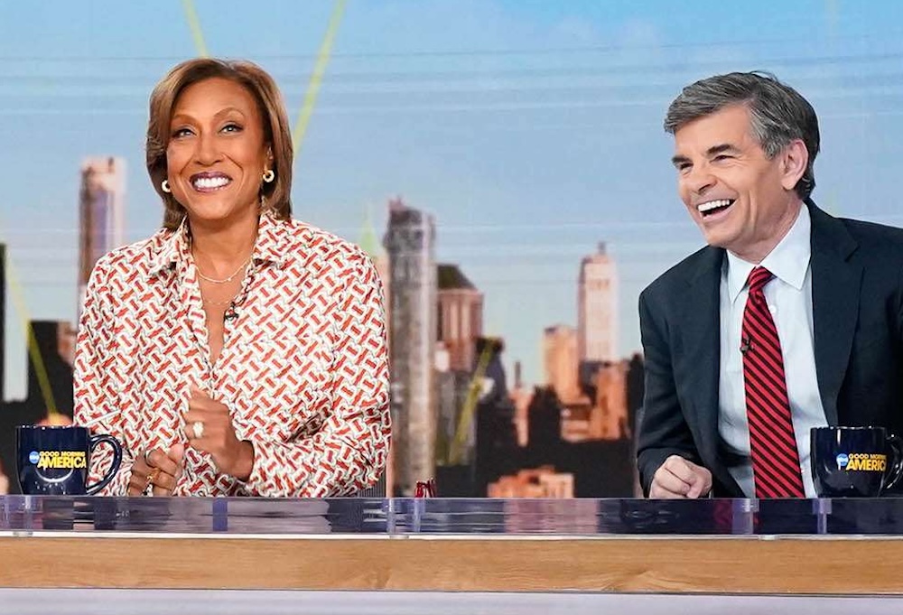 Robin Roberts and George Stephanopoulos at the Good Morning America anchor desk