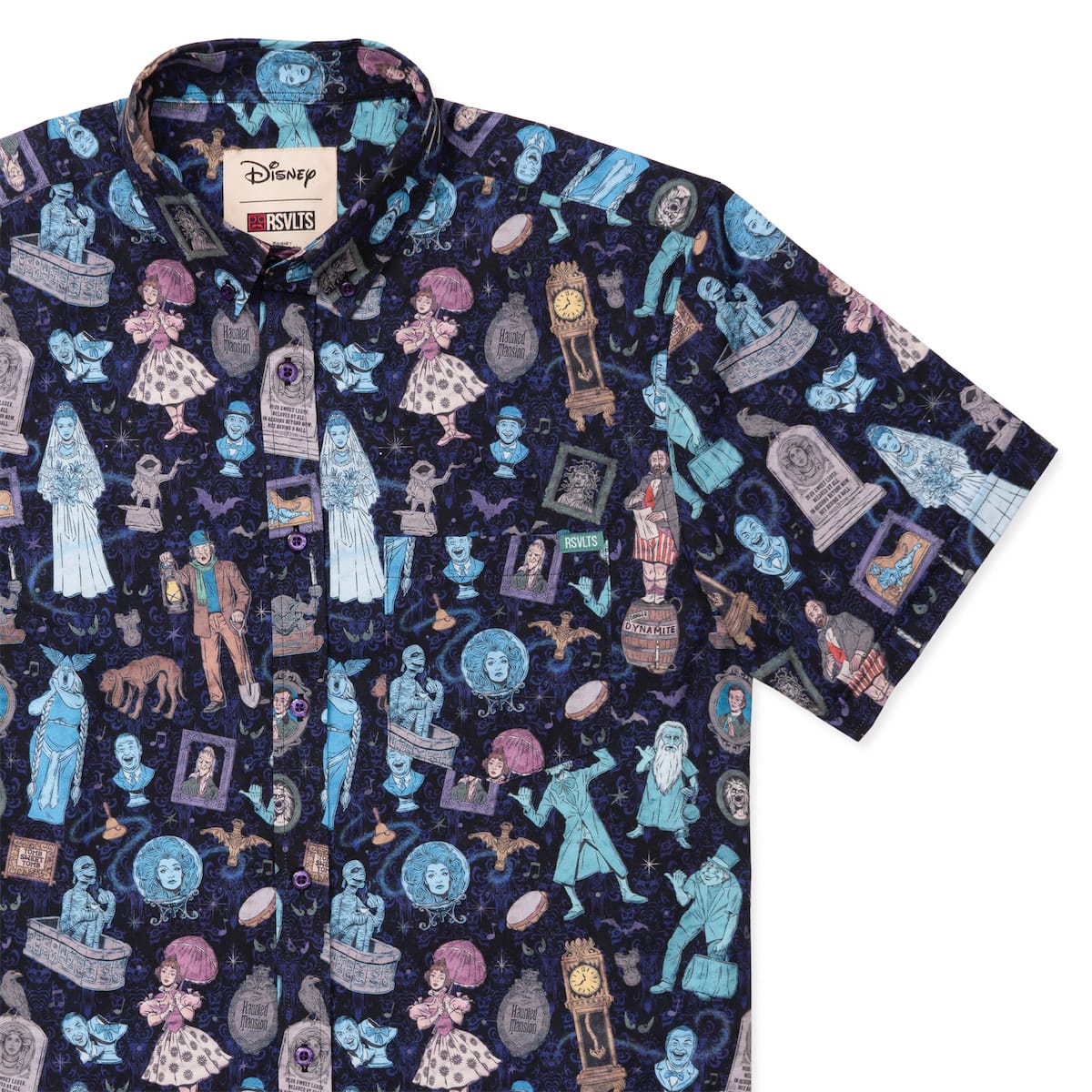 RSVLTS Disney's Haunted Mansion Room for One More button-up shirt with a navy pattern of Haunted Mansion ghosts, busts and tombstones