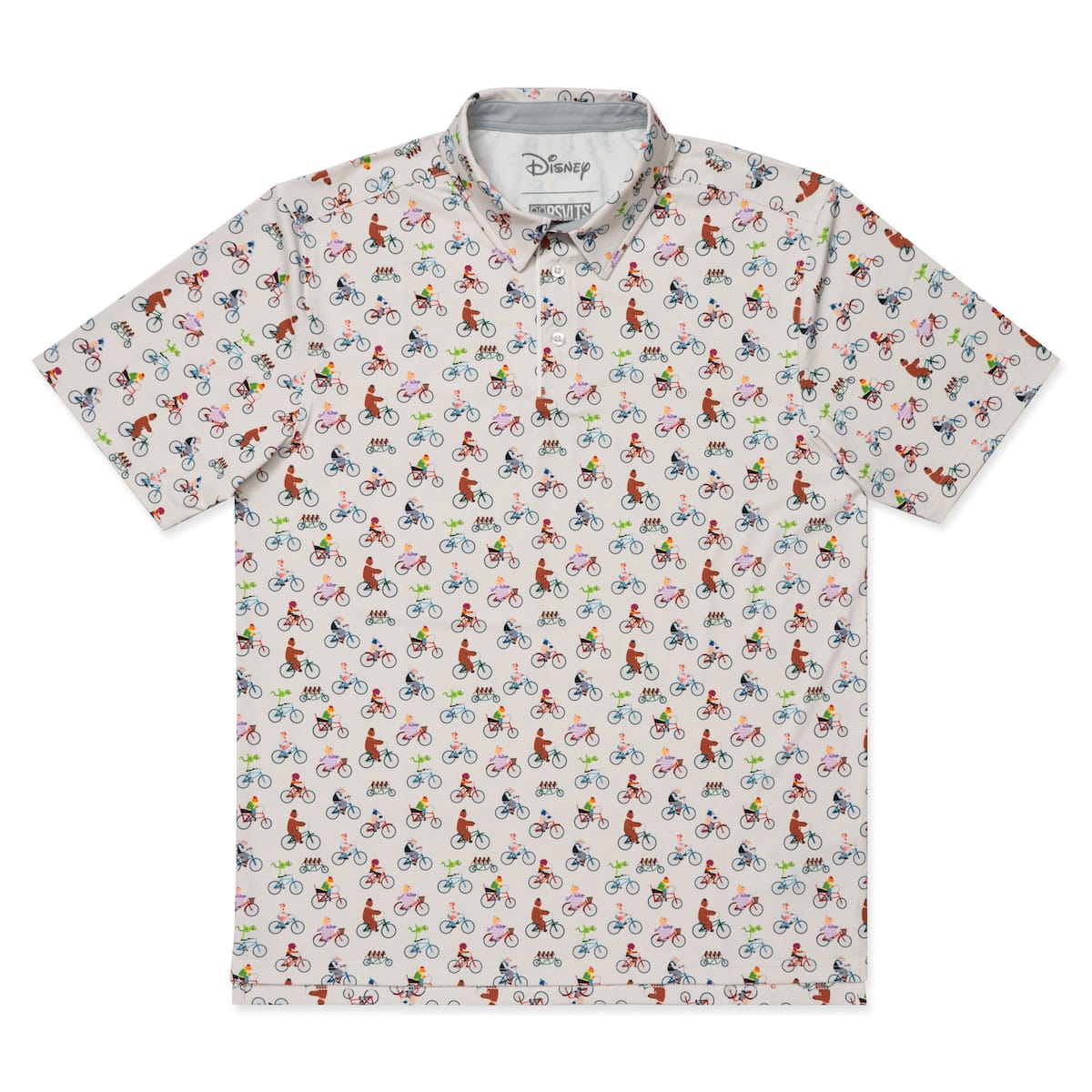 RSVLTS Disney's The Muppets Couldn't We Ride polo shirt in light gray with a repeating pattern of Muppet characters riding bicycles