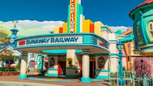 Exterior of Mickey and Minnie's Runaway Railway in Mickey's Toontown at Disneyland