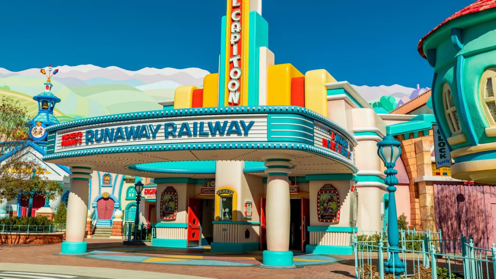 Exterior of Mickey and Minnie's Runaway Railway in Mickey's Toontown at Disneyland
