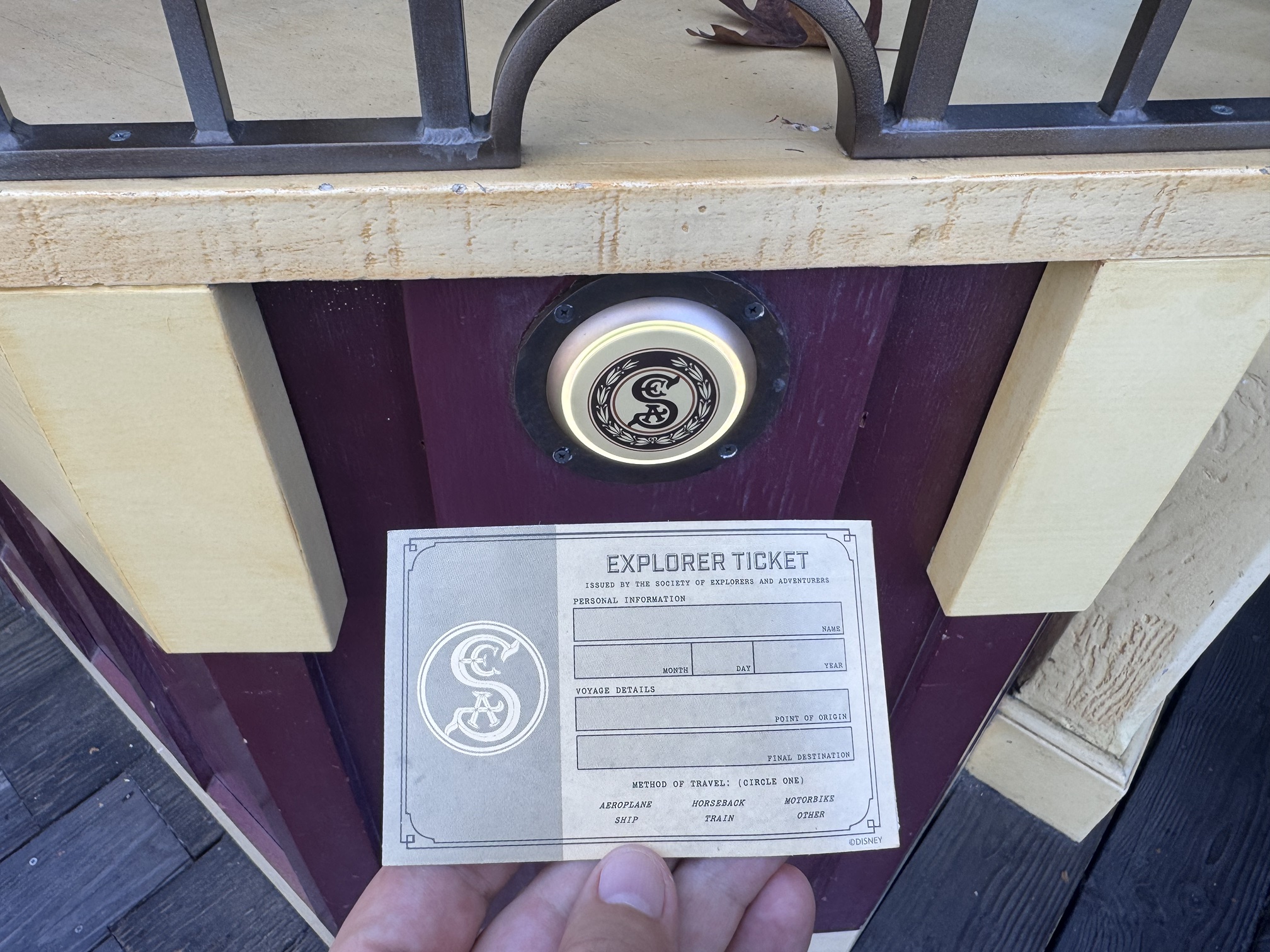 Back of the S.E.A. Explorer Ticket with blanks for name, date, point of origin, final destination and method of travel