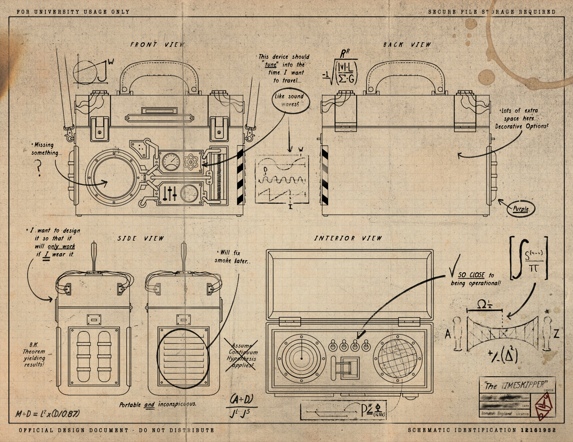 Schematic of The Timeskipper, the time travel device in the S.E.A. thief mystery from Walt Disney Imagineering