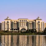 Exterior of the Shanghai Disney Enchanted Star Hotel across the lake at Shanghai Disney Resort