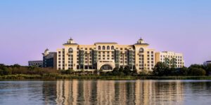 Exterior of the Shanghai Disney Enchanted Star Hotel across the lake at Shanghai Disney Resort
