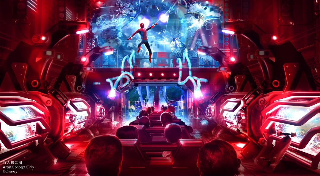 Rendering of the interior of Shanghai Disneyland's Spider-Man attraction with ride vehicles, red lighting and Spider-Man on a large screen