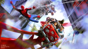 Rendering of riders on Shanghai Disneyland's Spider-Man coaster with Spider-Man swinging alongside the train past city buildings