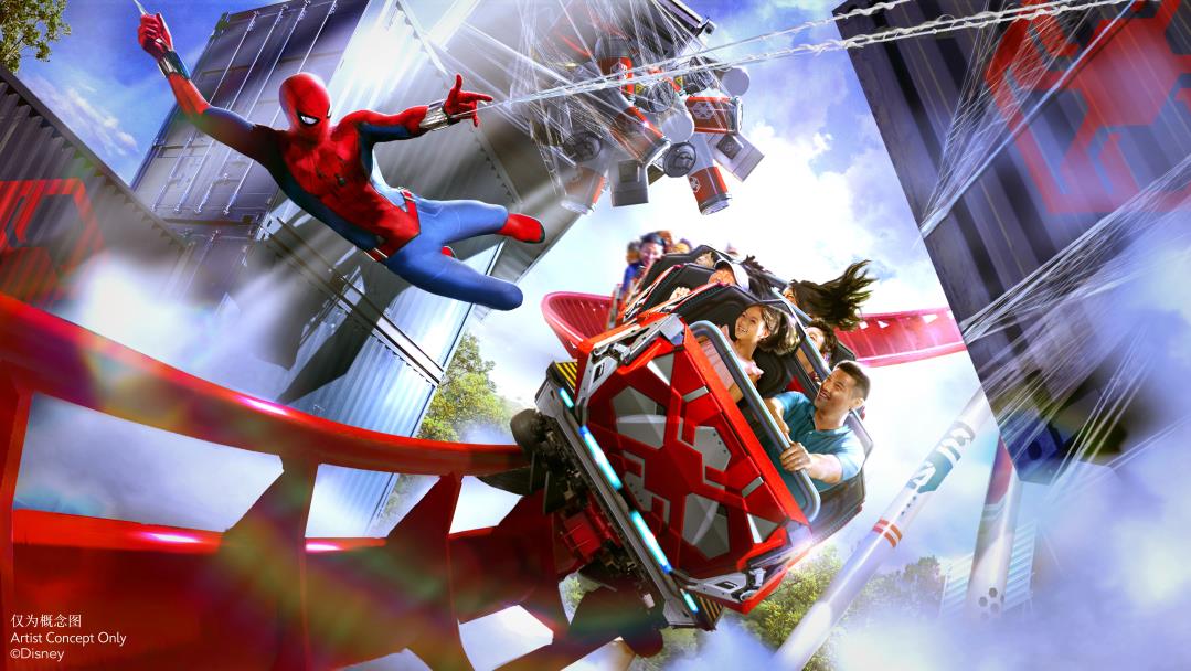 Rendering of riders on Shanghai Disneyland's Spider-Man coaster with Spider-Man swinging alongside the train past city buildings
