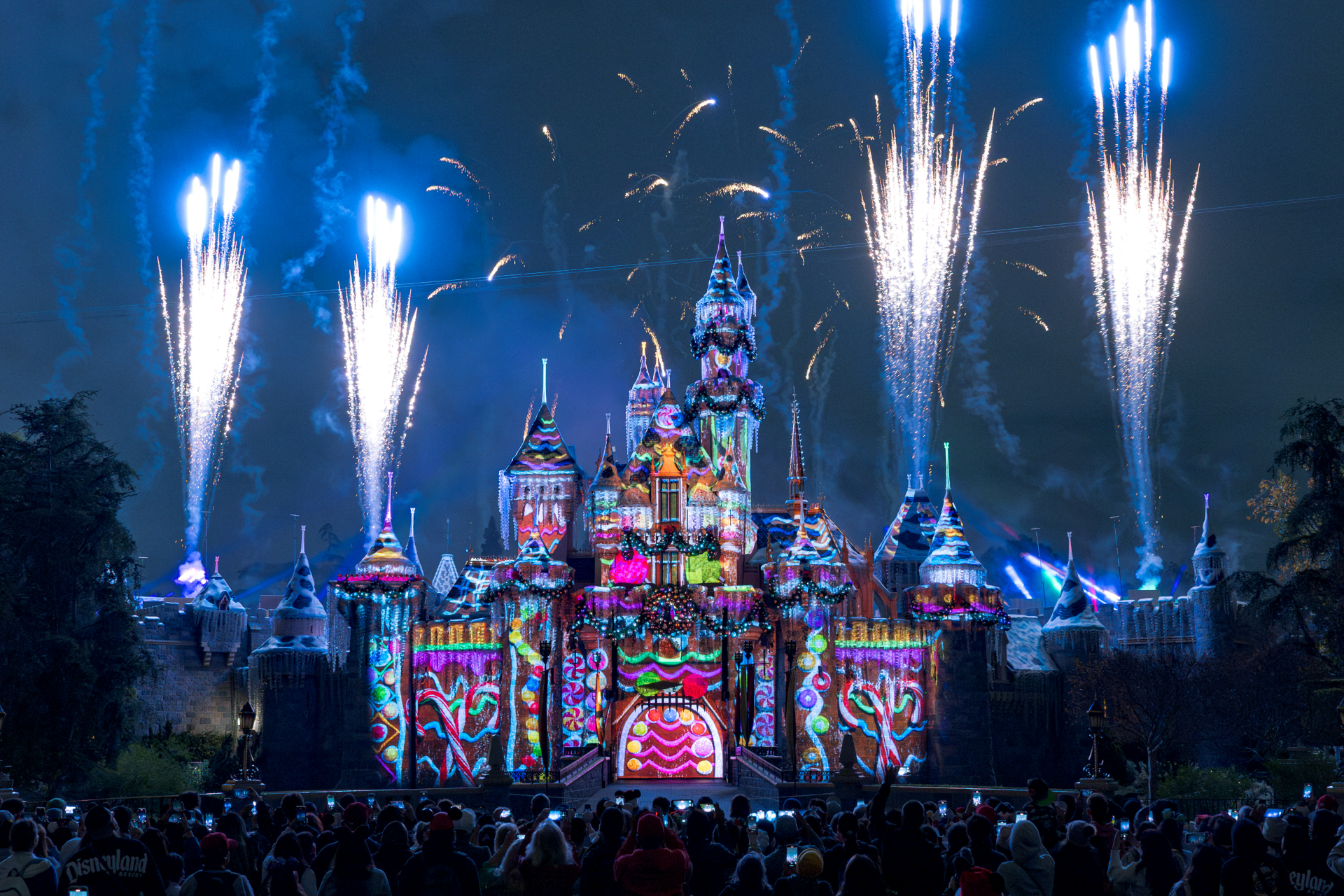 Holiday fireworks over Sleeping Beauty Castle at Disneyland