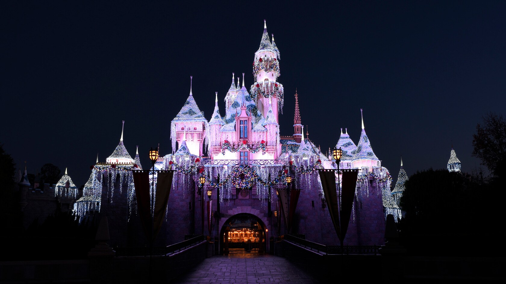 Sleeping Beauty's Winter Castle lit up for Wintertime Enchantment at Disneyland