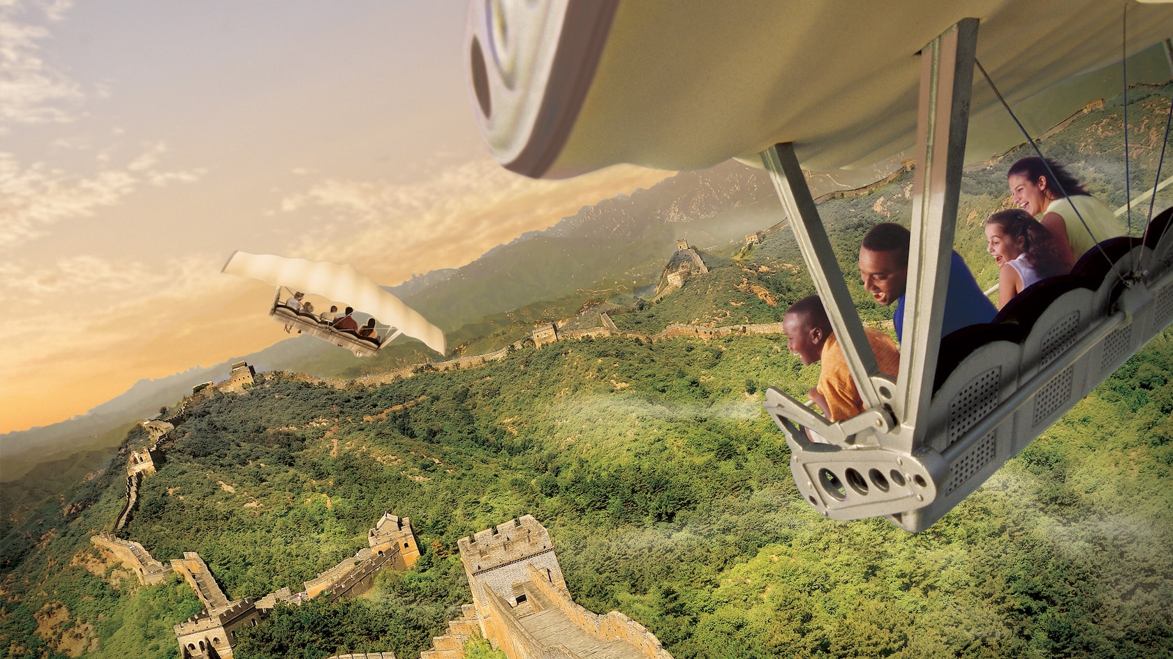 Guests in a suspended Soarin' ride vehicle with their feet dangling above a projected view of the Great Wall of China
