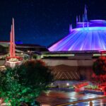 Space Mountain in Tomorrowland at Disneyland Park at night