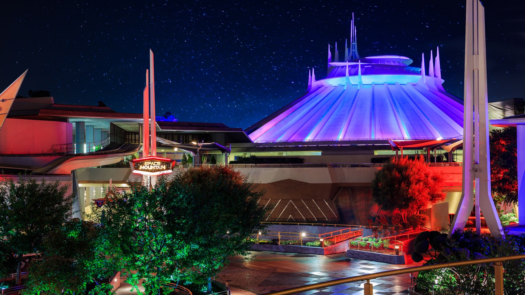 Space Mountain in Tomorrowland at Disneyland Park at night