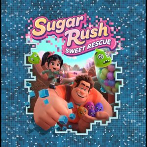Sugar Rush: Sweet Rescue key art showing Ralph and Vanellope breaking through a pixel wall with Sugar Bugs