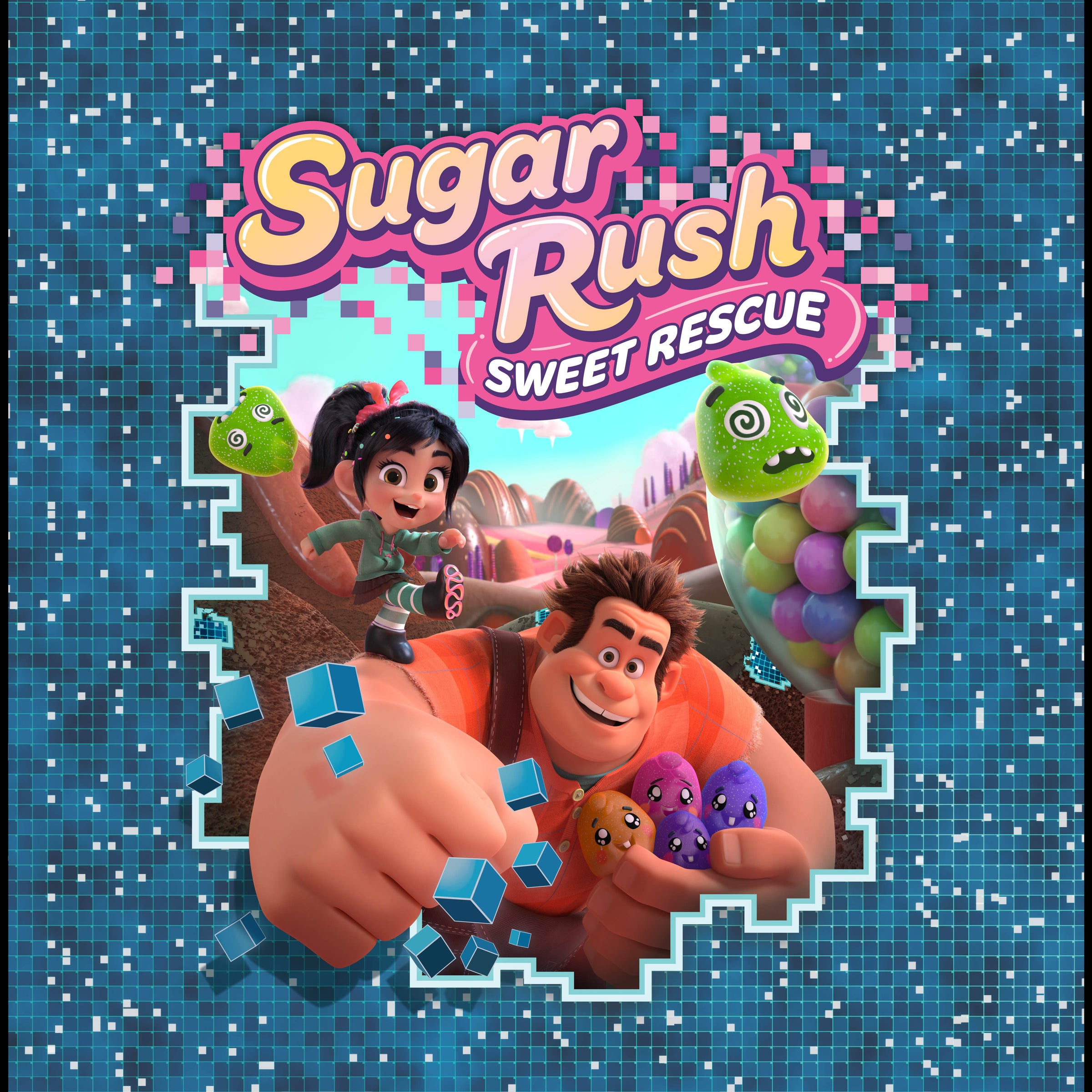 Sugar Rush: Sweet Rescue key art showing Ralph and Vanellope breaking through a pixel wall with Sugar Bugs