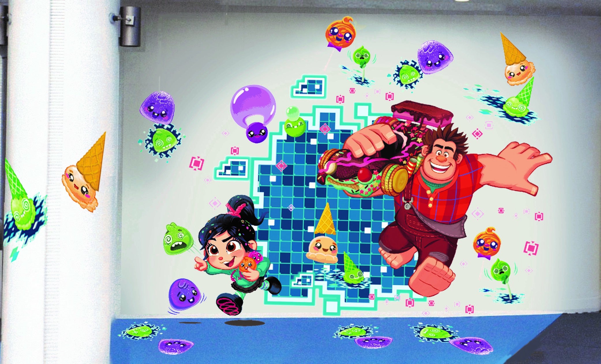 Artwork of Ralph and Vanellope running past a pixel portal surrounded by Sugar Bugs on a wall