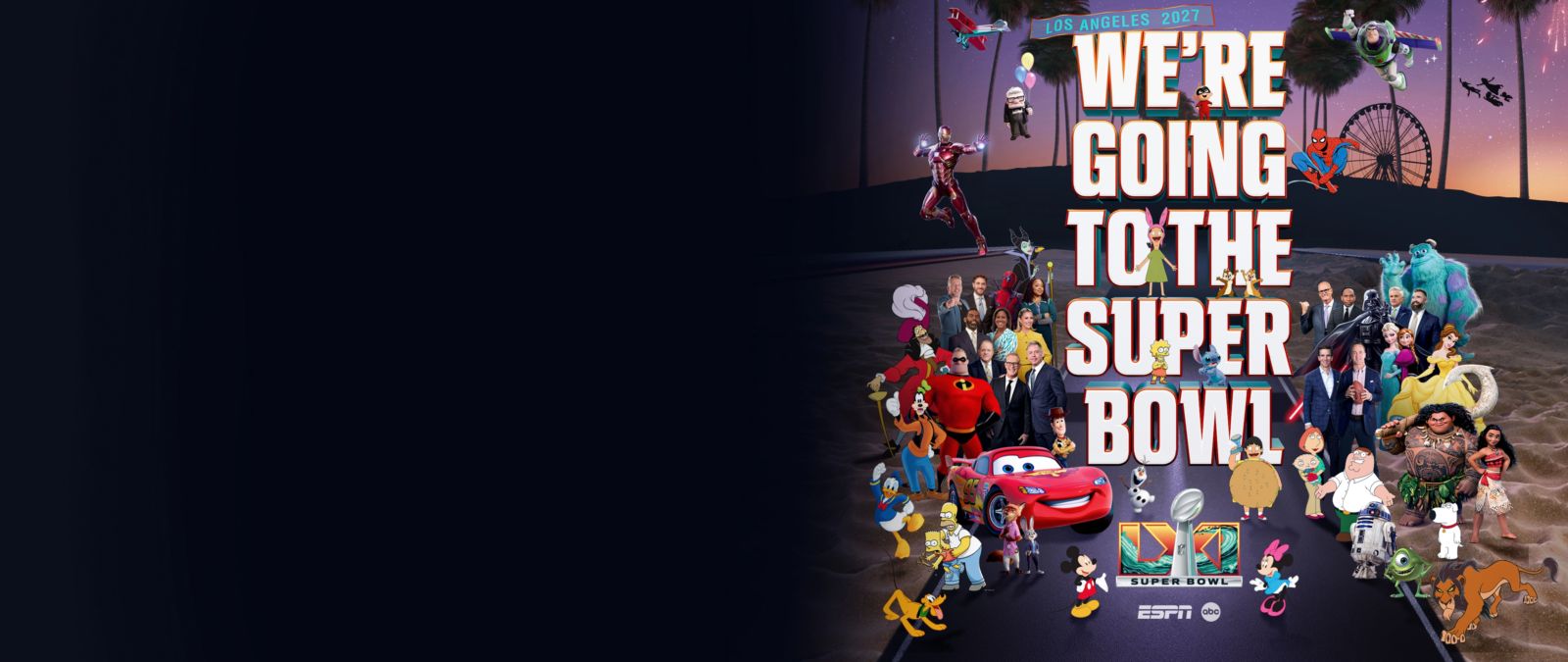 ESPN and ABC Super Bowl LXI key art with Disney characters and ESPN talent