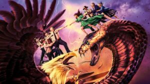 Super Troopers 3 key art with the troopers riding an eagle and a snake