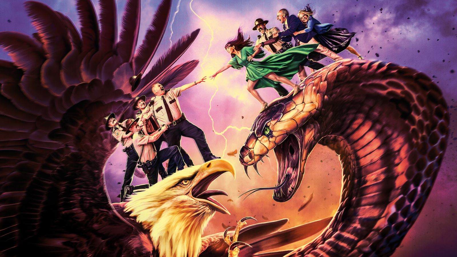 Super Troopers 3 key art with the troopers riding an eagle and a snake