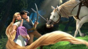 Rapunzel, Flynn Rider and Maximus in Disney's animated Tangled