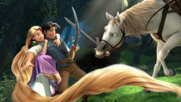 Rapunzel, Flynn Rider and Maximus in Disney's animated Tangled