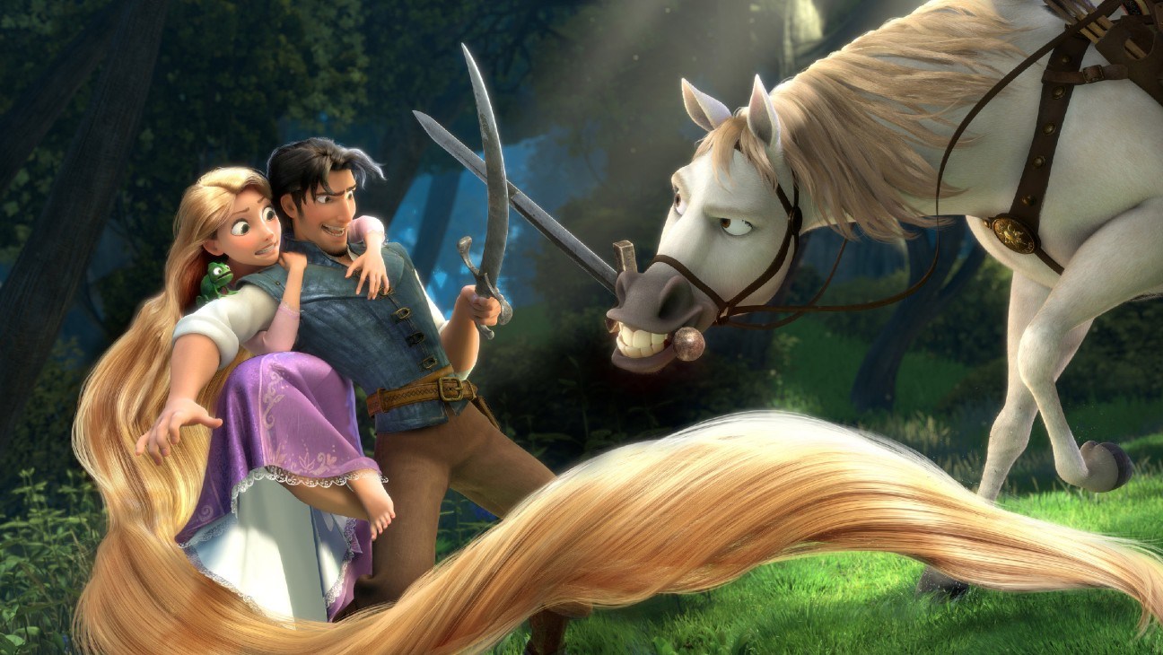 Rapunzel, Flynn Rider and Maximus in Disney's animated Tangled