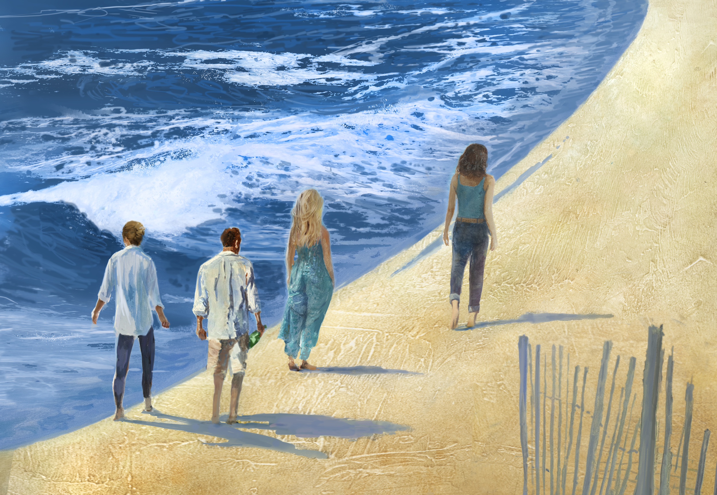 Cover art for Sarah MacLean's novel These Summer Storms, showing four people walking along a beach