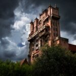 The Hollywood Tower Hotel, home of The Twilight Zone Tower of Terror at Disney's Hollywood Studios, under a stormy sky