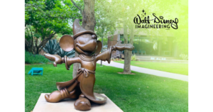 Sorcerer Mickey statue on the Walt Disney Imagineering campus in Glendale with the Imagineering logo
