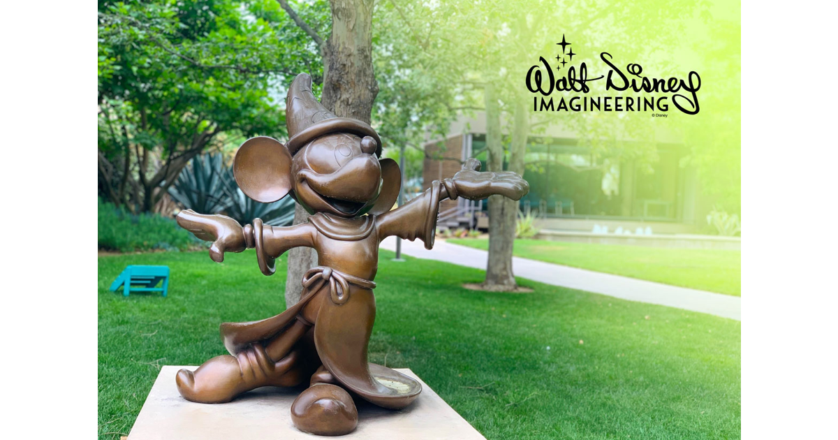 Sorcerer Mickey statue on the Walt Disney Imagineering campus in Glendale with the Imagineering logo