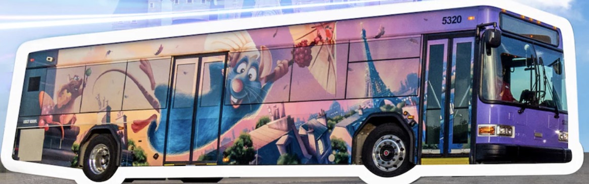 A Walt Disney World bus with a Ratatouille-themed wrap