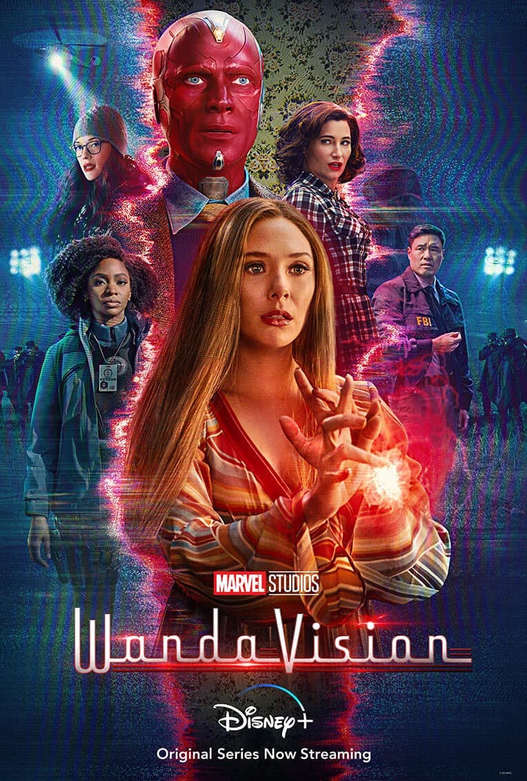 Marvel Studios WandaVision poster showing Elizabeth Olsen as Wanda Maximoff and Paul Bettany as Vision with the series cast