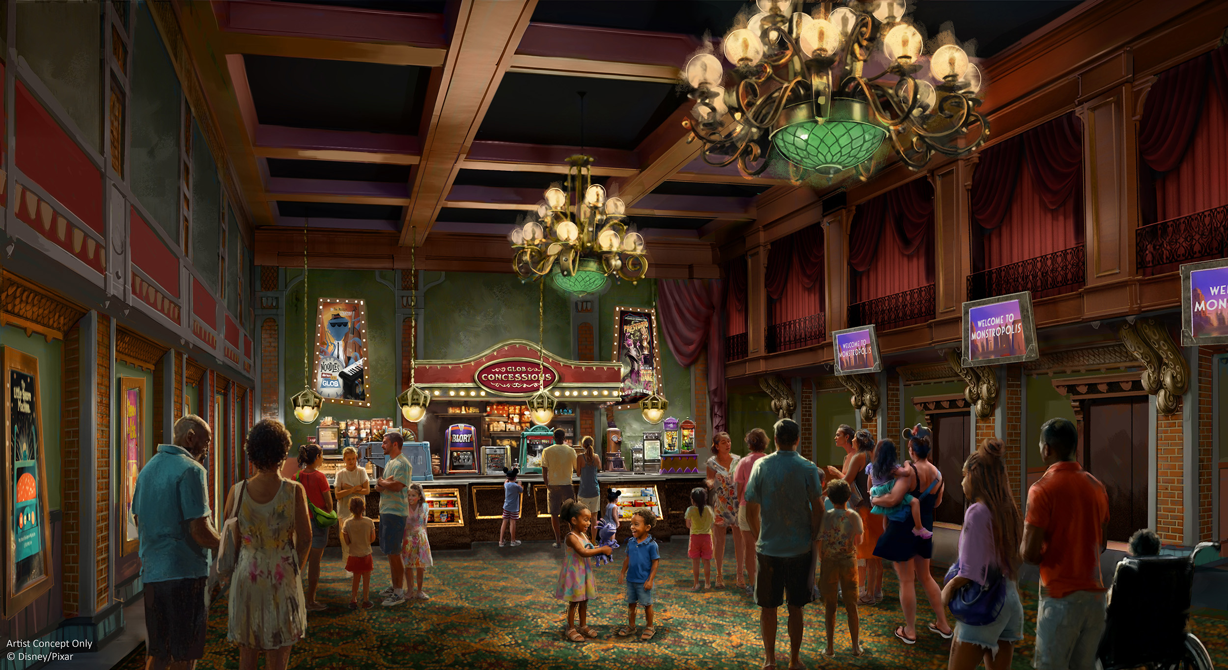 Third version of the Welcome to Monstropolis Glob Theater lobby concept art, with a Glob Concessions stand, green walls and carpet, wood paneling and a balcony with red curtains