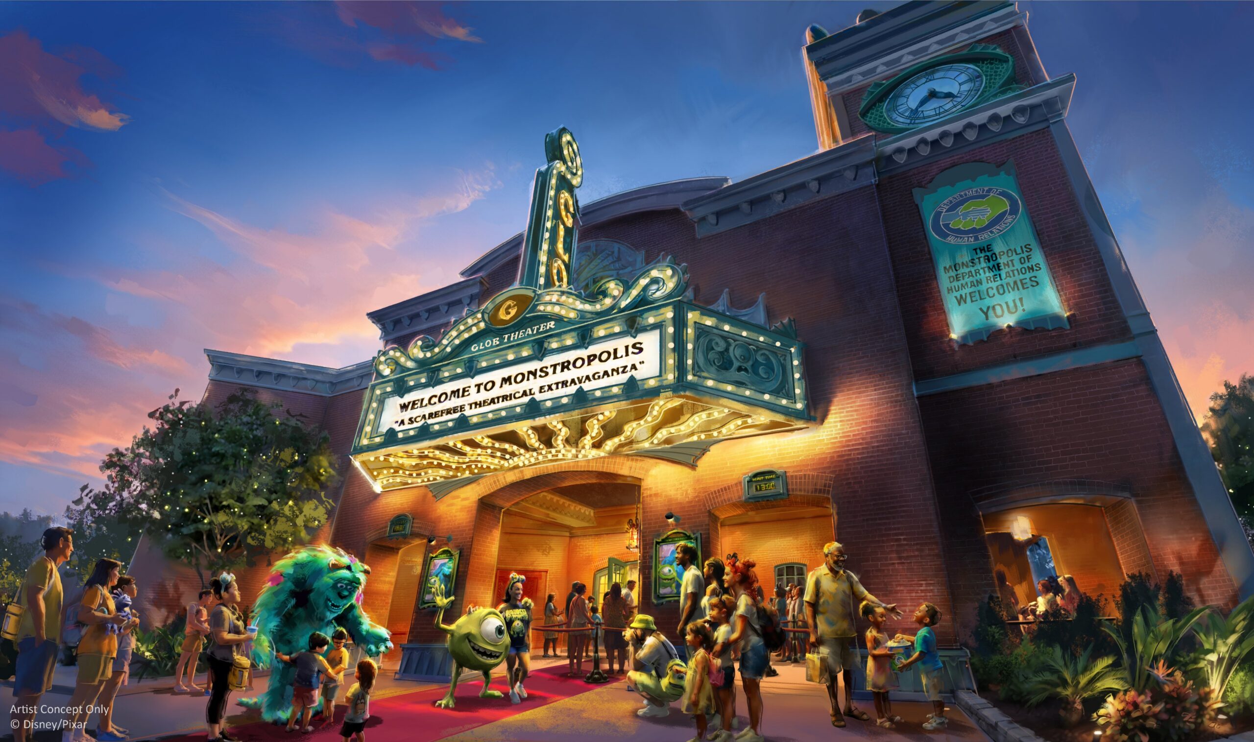 Concept art of the Glob Theater marquee for Welcome to Monstropolis with Mike and Sulley greeting guests
