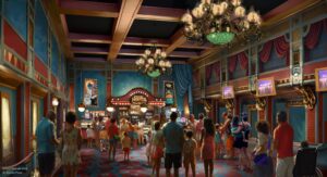 Updated concept art of the Glob Theater lobby for Welcome to Monstropolis with ornate chandeliers and the Monster Concessions stand